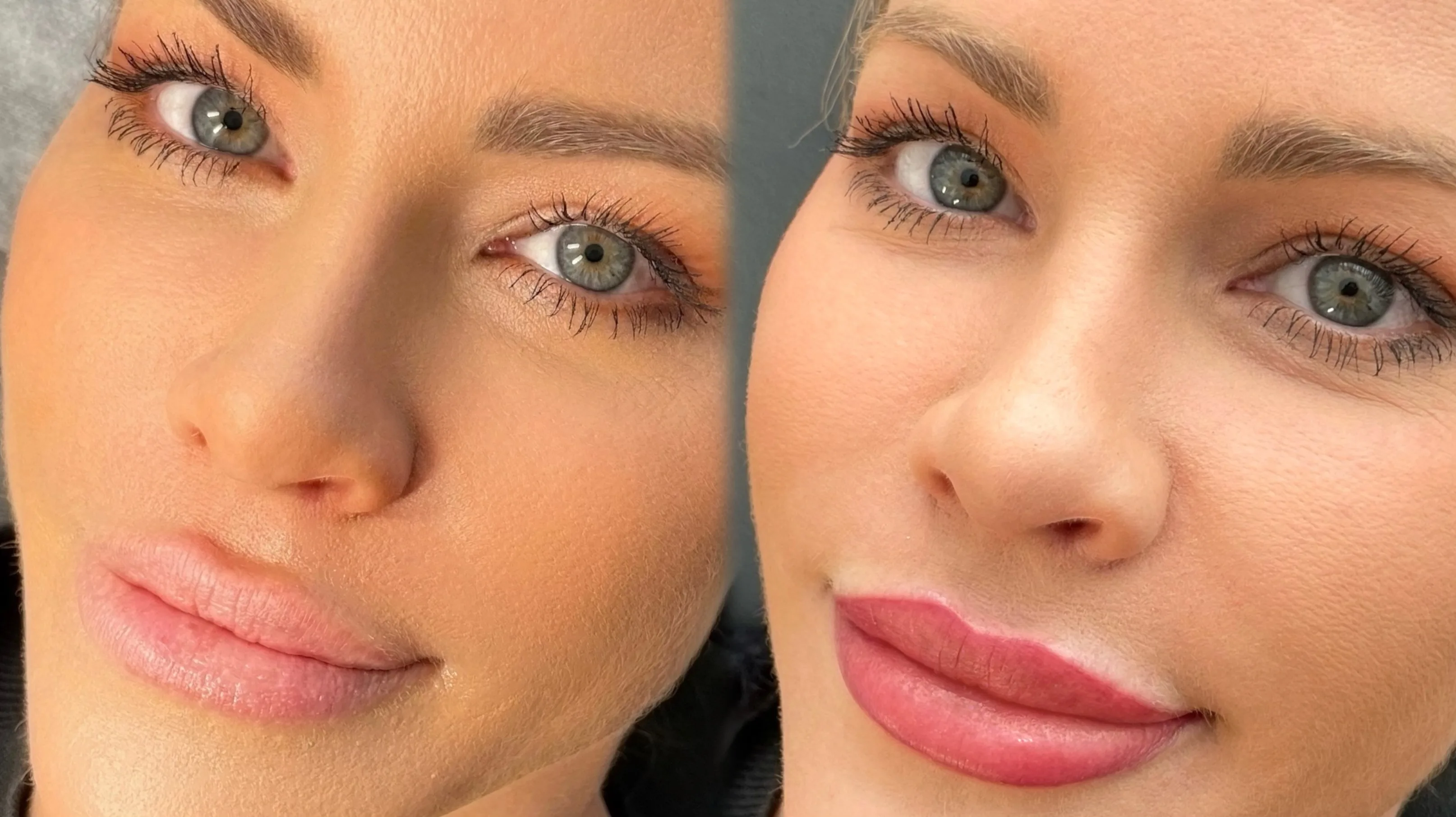 Lash lift and lip blush before and after — side-by-side half-faces
