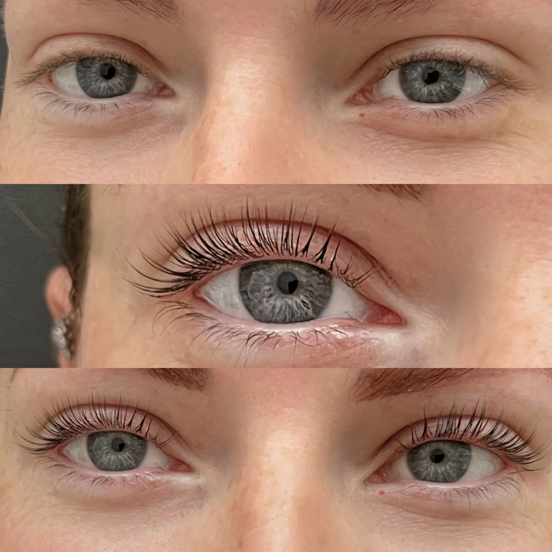 Lash lift before, immediately after, and healed — three stacked eye panels