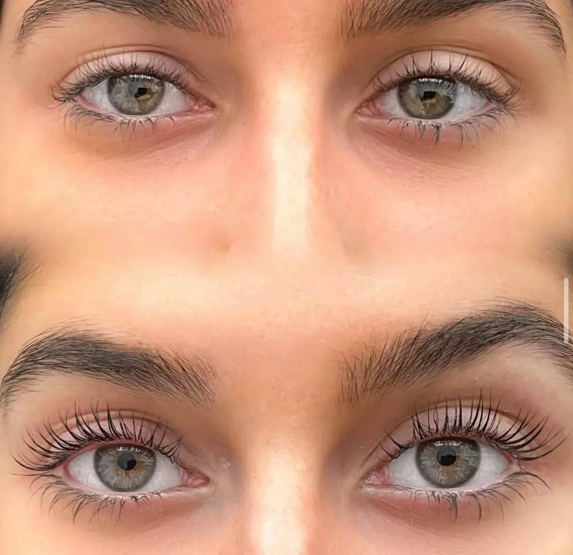 Lash lift before and after — two stacked panels showing lifted curled lashes