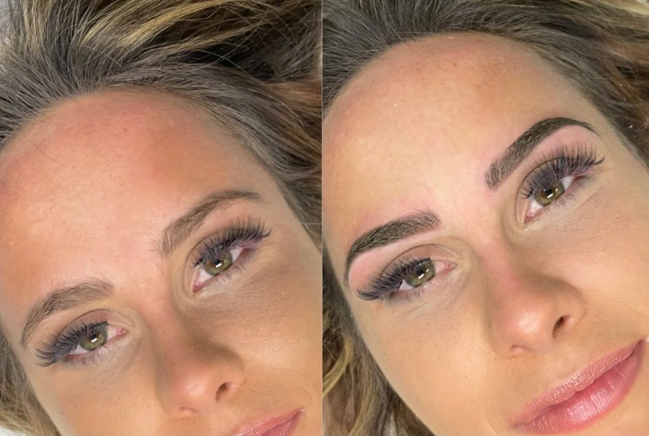 Lash lift and brow tattooing before and after — side-by-side half-faces