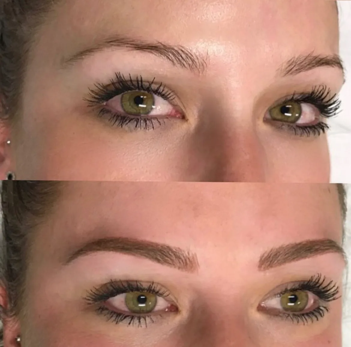 Brow tattooing before and after — two stacked panels