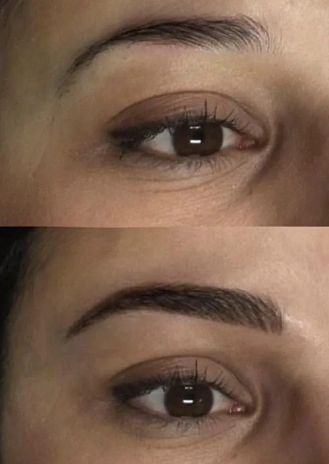 Brow tattooing before and after — two stacked panels