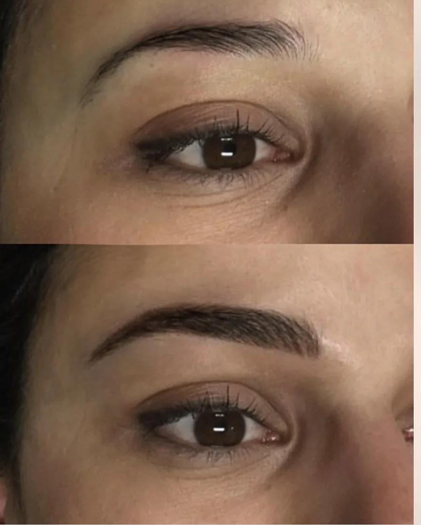 Brow tattooing before and after — two stacked panels